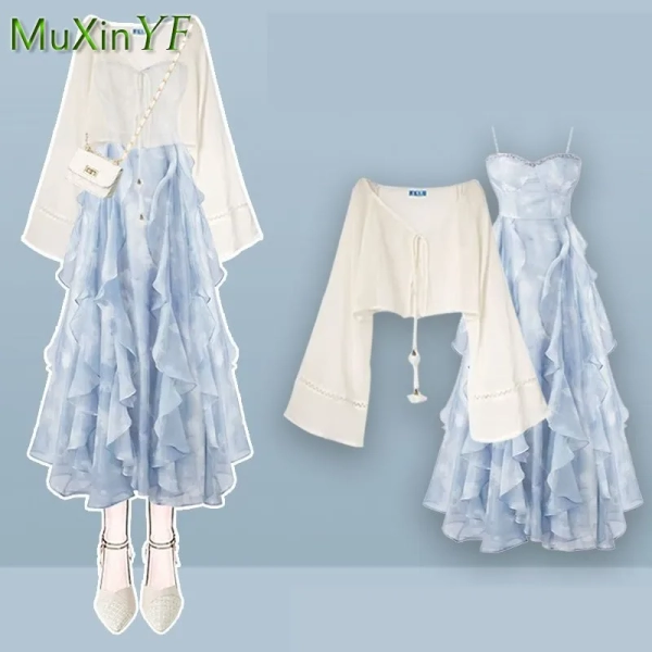 Conjunto de Vestido de Verano 2026 para Mujer, Estilo Coreano, Elegante, Camisa Holgada con Protección Solar + Falda con Tirantes, Dos Piezas, Ropa Chic Femenina - AliExpress 200000345