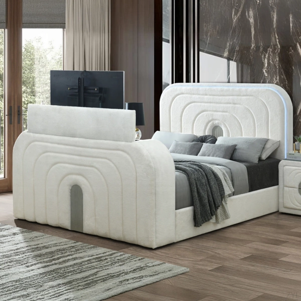 Teddy Sherpa & Chrome Bed W/LED, TV Cabinet, Fireplace & Bluetooth