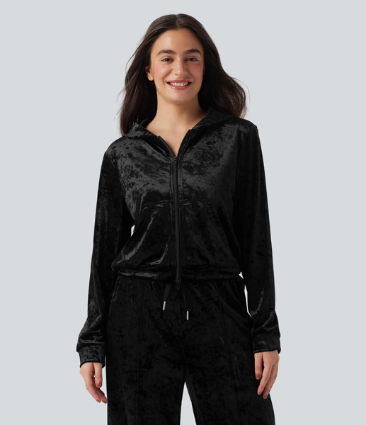 XS Black Velour Hooded Zip Fly Long Sleeve Casual Sweatshirt with Pockets