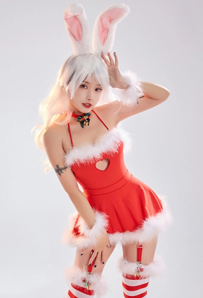 Christmas Bunny Girl Sexy Lingerie Homewear Heart Hollow Halter Bodysuit with Skirt and Striped Stockings