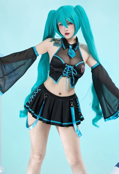 Vocal Derivative Two-Piece Swimsuit Bikini Set Halter Top and Skirt Swimwear Bathing Suit with Sleeves