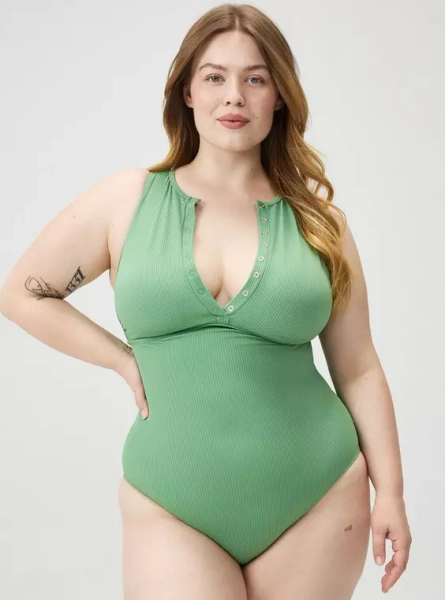 Wireless High Neck Henley One Piece Swimsuit