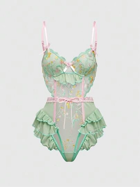 Kawaii Romantic Resort Floral Embroidery Ruffle Trim Bowknot Handmade Underwire Bodysuits For Women