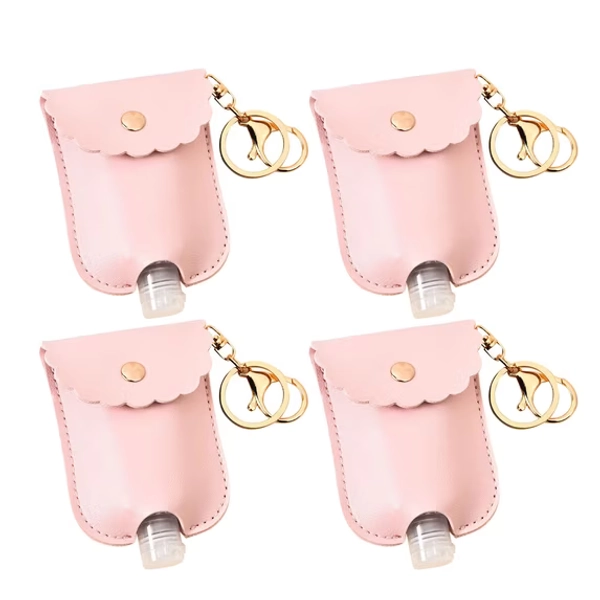 XKHZJL Premium PU Leather Hand Sanitizer Holder Keychain with Refillable Travel Bottle - Cute Scalloped Design Portable Dispenser Pouch, Leakproof Squeeze Bottle for Daily On-the-Go Essentials
