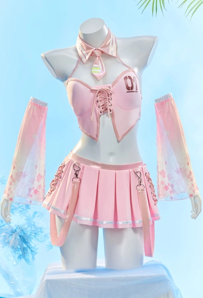 Vocal Derivative Two-piece Swimsuit Pink Cherry Blossom Halter Top and Skort with Tie and Detachable Sleeves