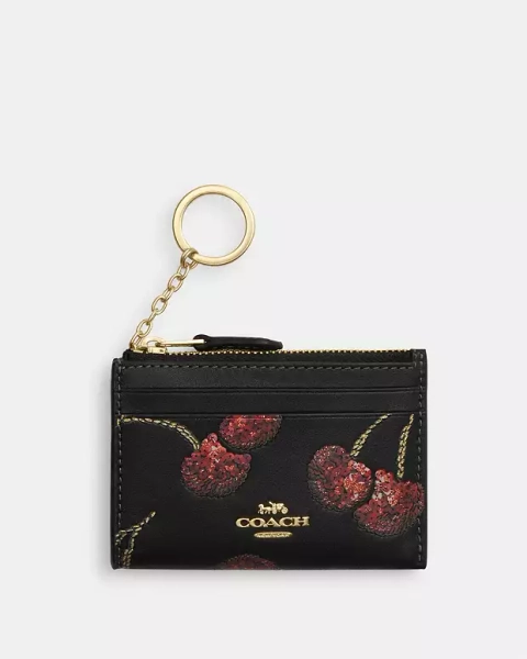 Gold/Black Multi Mini Skinny Id Case With Cherry Print
