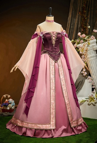 Premium Ver Sleeping Beauty Princess Aurora Cosplay Costume Dress with Ribbon and Choker