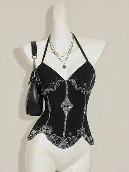 SHEIN ICON Cropped Top Feminino com Bordado de Lantejoulas e Costas Abertas, Top Retrô Sexy e Fofa do Estilo Y2K - Tamanho M