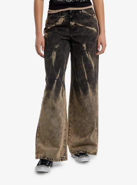 Black & Brown Tie-Dye Girls Wide Leg Jeans
