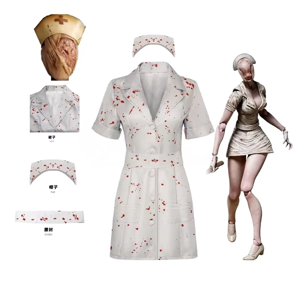 Fantasia de cosplay de Silent Hill, uniforme de enfermeira com cinto branco manchado de sangue, chapéu e máscara, fantasia de Halloween para mulher. - AliExpress 200000532