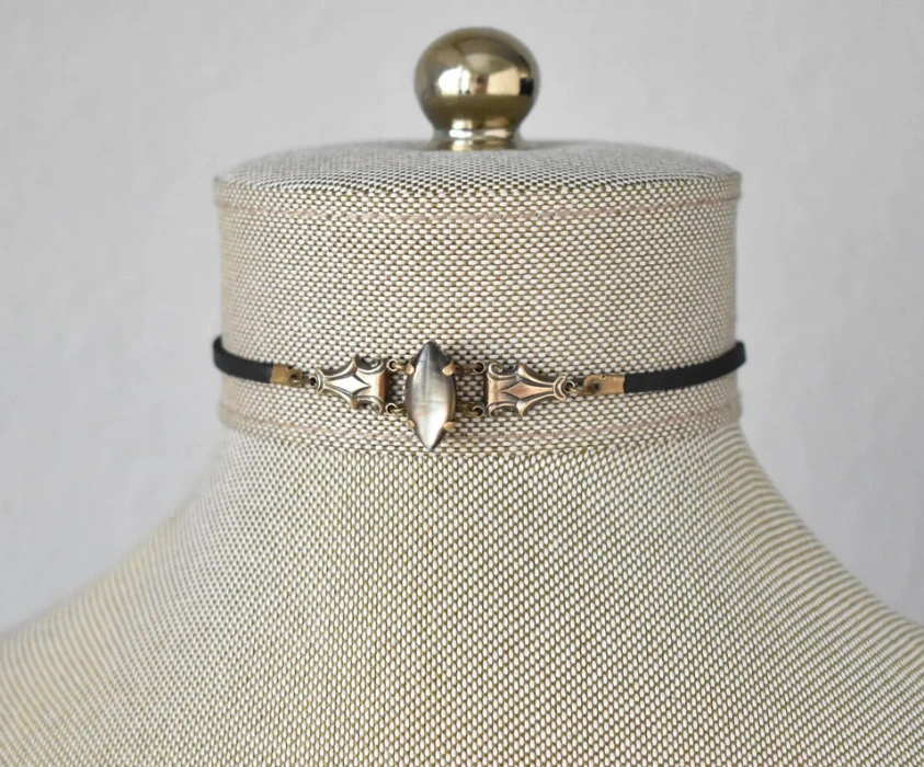 Black Pearl Leather Navette Choker. 14 Gemstone Options