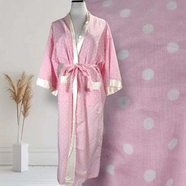 Vintage Satin Edge Robe Size L Pink Polka Dot Mid Length Cotton Blend Kimono