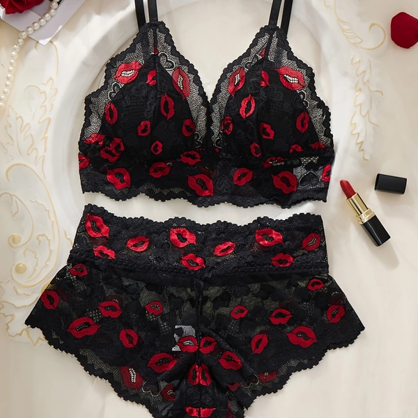 Women's Full Lace Lingerie Set, Black Lace with Red Lips Print, Longline Wire-Free Bra + Lace Thong, Two-Piece Sexy Set, Adjustable Straps, Soft Comfortable Breathable, French-Style Romantic Elegant Cute, Enhances Charm, Mature Women's Choice