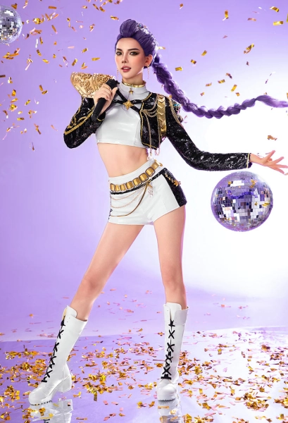Kpop Slayers Leader Vocal Stage Cosplay Costume Golden Outfits High-Neck Crop Top and Shorts with Jacket and Belt