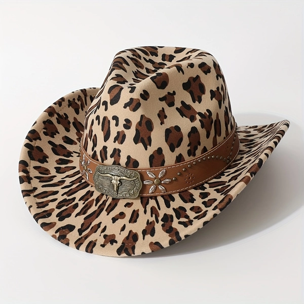 TEMU Men' & Women' Western Cowboy Hat With Wide-brim Felt & Bull Rivet Belt - Leopard/cow Print Suitable For Parties, Rodeo, Ranch, Casual Wear -