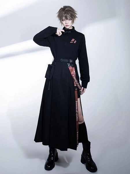 [$45.00]Black High Slit Cargo Skirt with Straps and Waist Bag