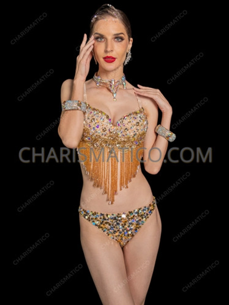 Goddess Crystal Beaded Fringe Showgirl Bra and Panties Set 