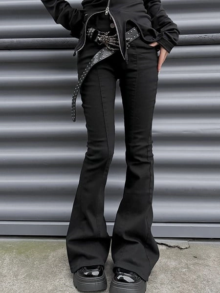 [$30.00]Punk Black High Waist Slim-fit Fishtail Pants with Skeleton Hand Buckle Belt