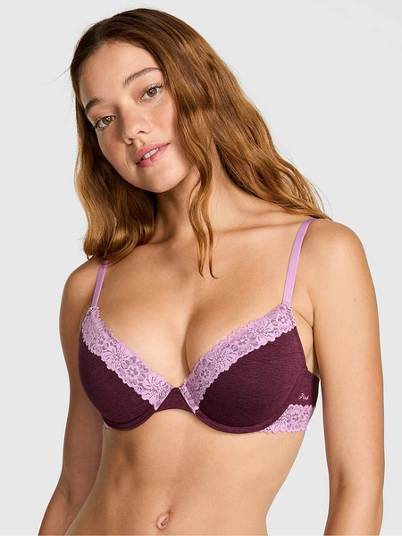 Burgundy Red Push Up Cotton Heather Lace Trim Bra