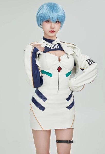 Anime Derivative Casual Outfit White Short Dress and Jacket with Mesh Top Set Cosplay Costume