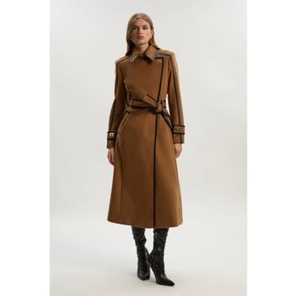 Karen Millen Wool PU Belted Midi Coat in Camel at Nordstrom, Size 12