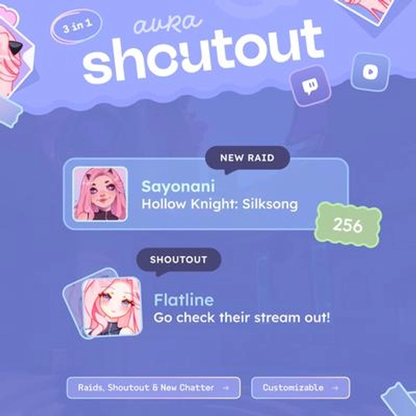 Aura Shoutout Widget ⟢ Reagiert auf Raids, neue Chatter, Freunde & Kommandant * Anpassbar | Twitch und Youtube ⋮ Stream Elements OBS