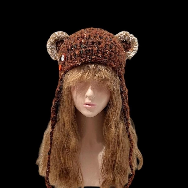 Bear Ears Crochet Hat - Handmade Caramel Brown Warm Winter Accessory