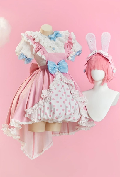 Anime Doll Melody Derivative Cute Lolita Set Ruffle Polka Dot Dress with Apron and Headpiece