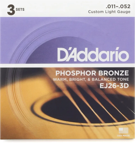Guitar Strings - EJ26 Phosphor Bronze Acoustic Guitar Strings - .011-.052 Custom Light, 3-pack