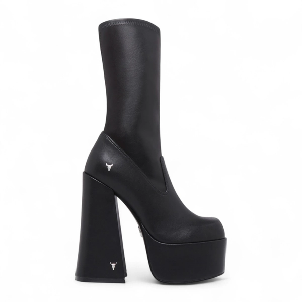 Windsorsmith Damen-Stiefel mit wadenhohem Plateau und Gothic-Absatz in Schwarz – Saviour