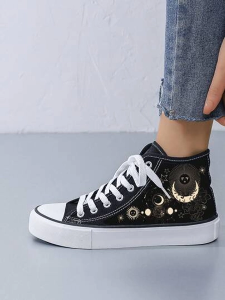 1 Pair Unisex Minimalist Fashion Flat Star Galaxy Black Canvas High-Top Sneakers For Couples