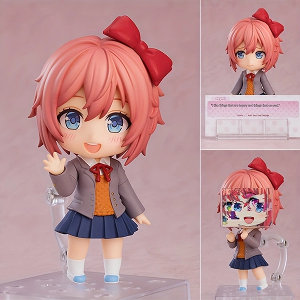 Chibi Anime Figure with Pink Hair & Red Bows - School Uniform Collectible Statue, ABS Resin Cute Doll for Anime Display Figures, Chibi-Style Decorative Gift for Fans