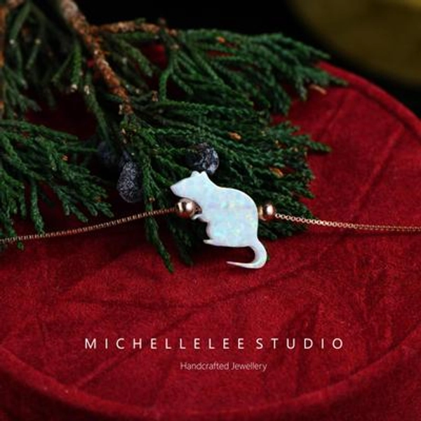 Opal Rat 925 Sterling Silver Bracelet, White Opal Mouse