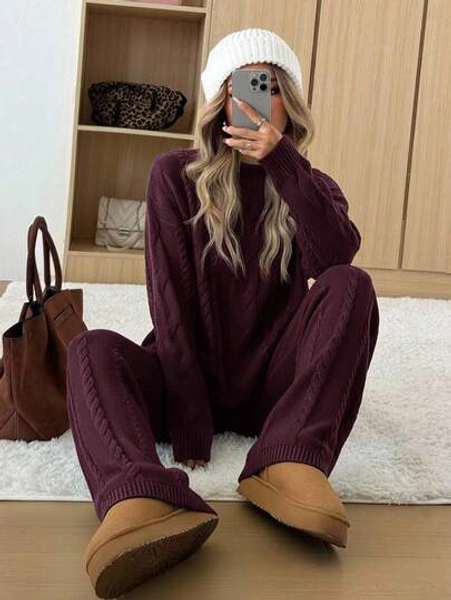 CovetEZ Women's Burgundy Round Neck Long Sleeve Casual Sweater Top And Pants 2 Pieces Set, Winter Outfit,Cozy Fall And Winter Clothes For Women,Fall,Fall Clothes For Women