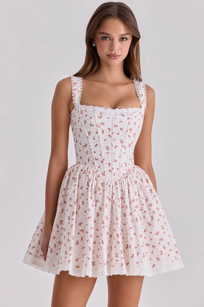 Ami White Rose Print Cotton Corset Mini Dress