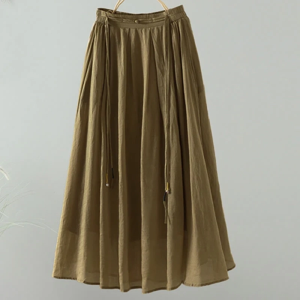 Buddha Stones Summer Retro Pure Color Tassel Design Women's Skirt With Pockets