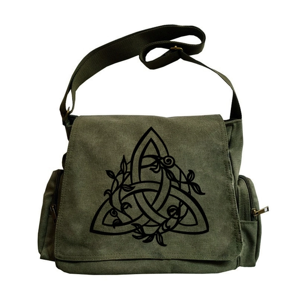Large Capacity Vintage Tote Messenger Bag | Celtic Knot Pattern, Army Green, Zipper Closure, Adjustable Strap, Ideal for Shopping, Travel, Dining, Great Gift Choice