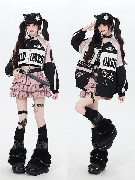 [$68.00]Interchangeable Hem, Bold Lettering & Classic Button Front Black & Pink Bittersweet Jacket