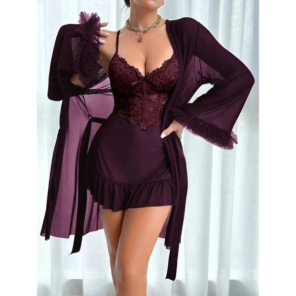 Elegant and Sexy 3pcs Lace Nightgown Set, Featuring a Corset-style Bodice Paired with a Sheer Robe and a Ruffled Short Skirt, Perfect for a Cozy and Private Bedroom Setting