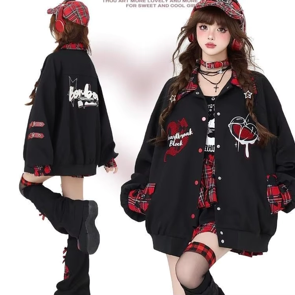 American Design Aby Culture Print Y2K Plaid Patchwork Baseball Jaet Top Autumn Winter Outerwear for Girls Long Sve - AliExpress 200000345