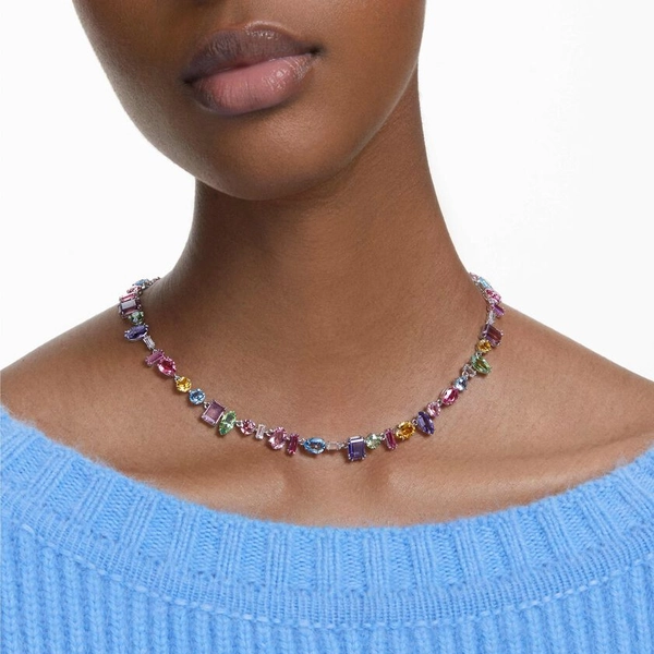 Gema necklace, Mixed cuts, Multicolored, Rhodium plated