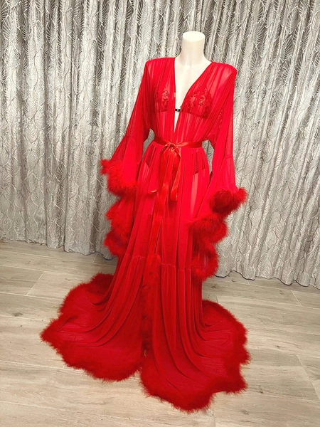 Red Feather Trim Robe: Vintage Hollywood Style Bridal Boudoir Robe