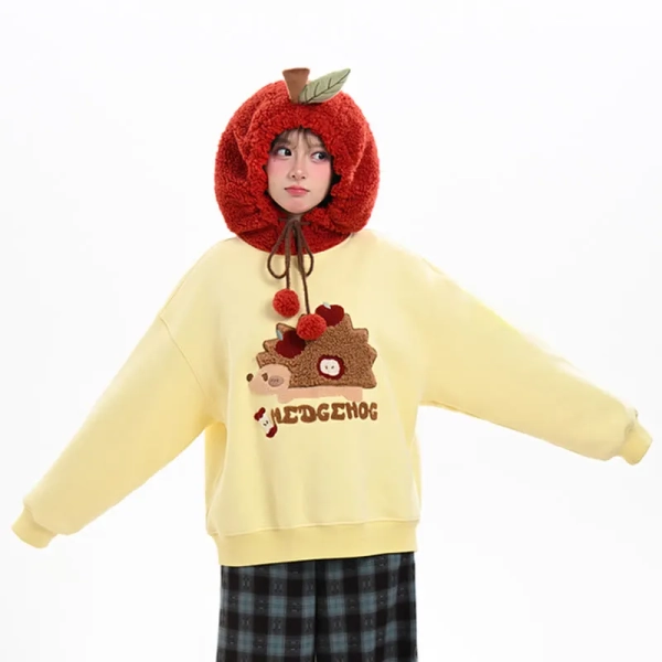 Hedgehog Chenille Embroidery Hoodie With Apple-Shaped Hood
