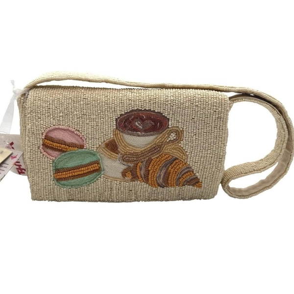 Beaded Shoulder Bag Macaron Croissant Coffee Cafe...