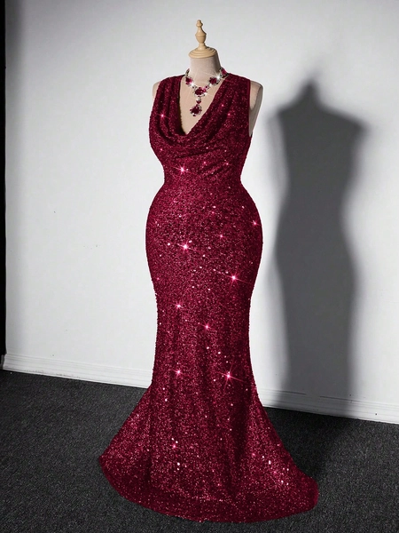 Grovea Abito da donna con scollo a drappeggio senza maniche con glitter, elegante per feste e vacanze, abito lungo con paillettes bordeaux per donne di taglia comoda