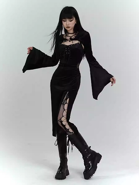 [$39.00]Gothic Black Velvet Side Slit Slip Dress with Bell Sleeves Hooded Top Set