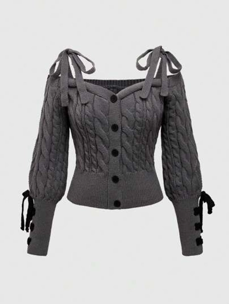 ROMWE Kawaii Women's Himekaji Cute & Sweet Tie Cuff Decor Cold Shoulder Bishop Sleeve Cropped Cardigan