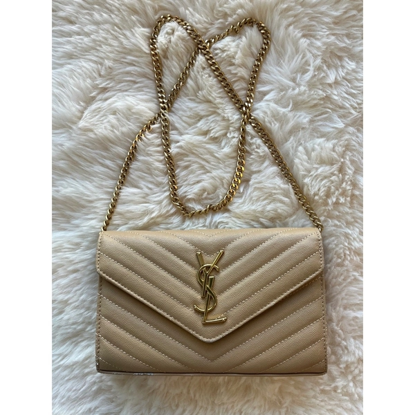 Saint Laurent YSL Cassandre Envelope Chain Wallet Beige Quilted Leather Bag