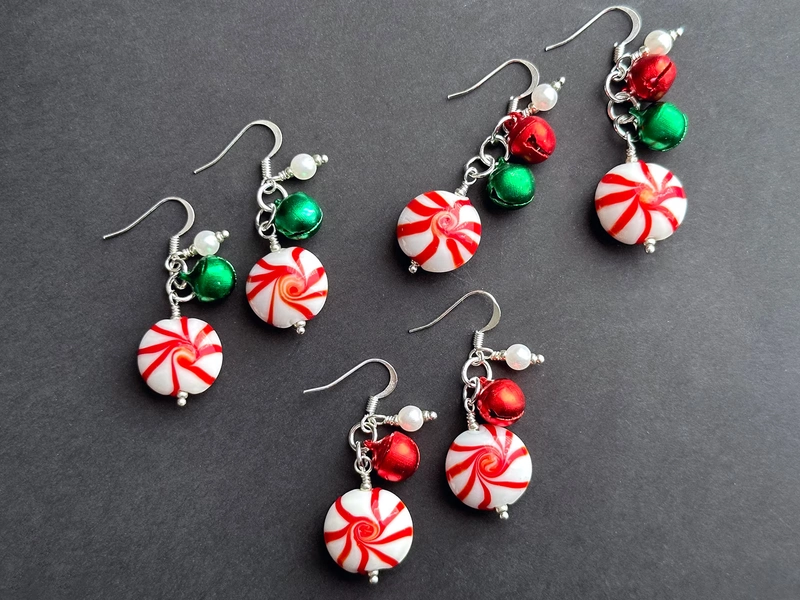 Peppermint Jingle Bell Earrings. Lampwork Glass Christmas Earrings. Peppermint Candy Earrings. Fun Christmas Jewelry. Holiday Earrings.