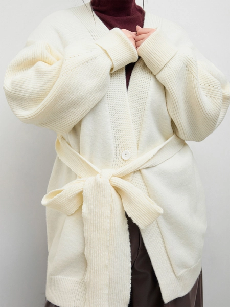 Knit V-neck Oversized Cardigan With Belt Curve & Plus 